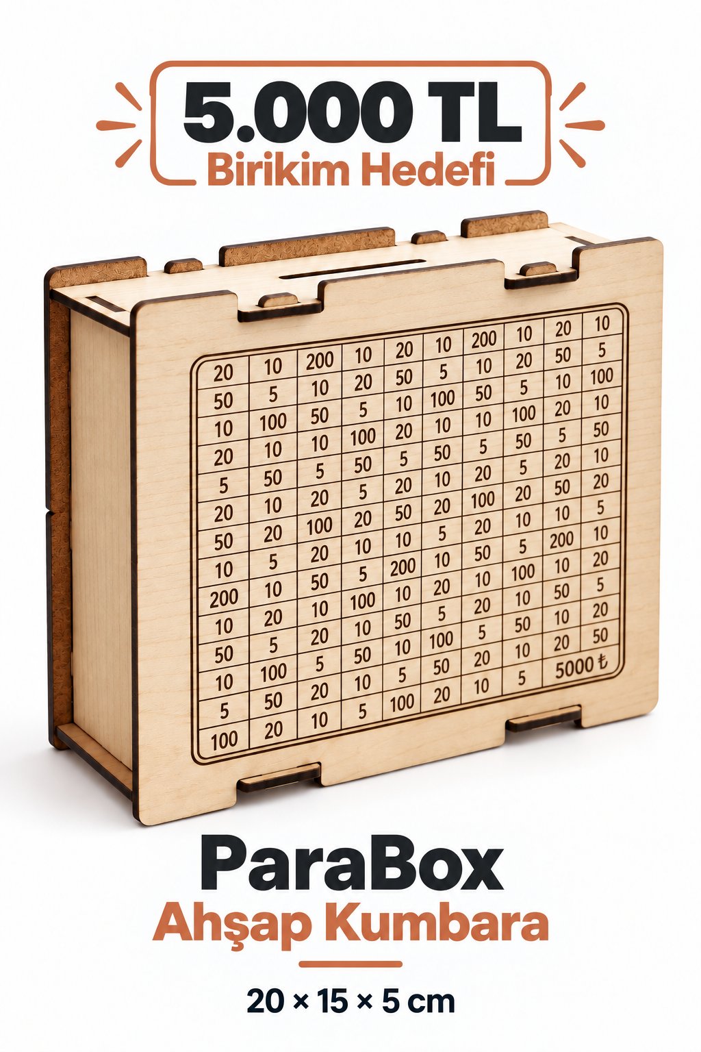 Ahşap Parabox Kumbara 5.000 TL – Para Biriktirme Hedef Kutusu, Dekoratif Ahşap Tasarruf Kumbarası