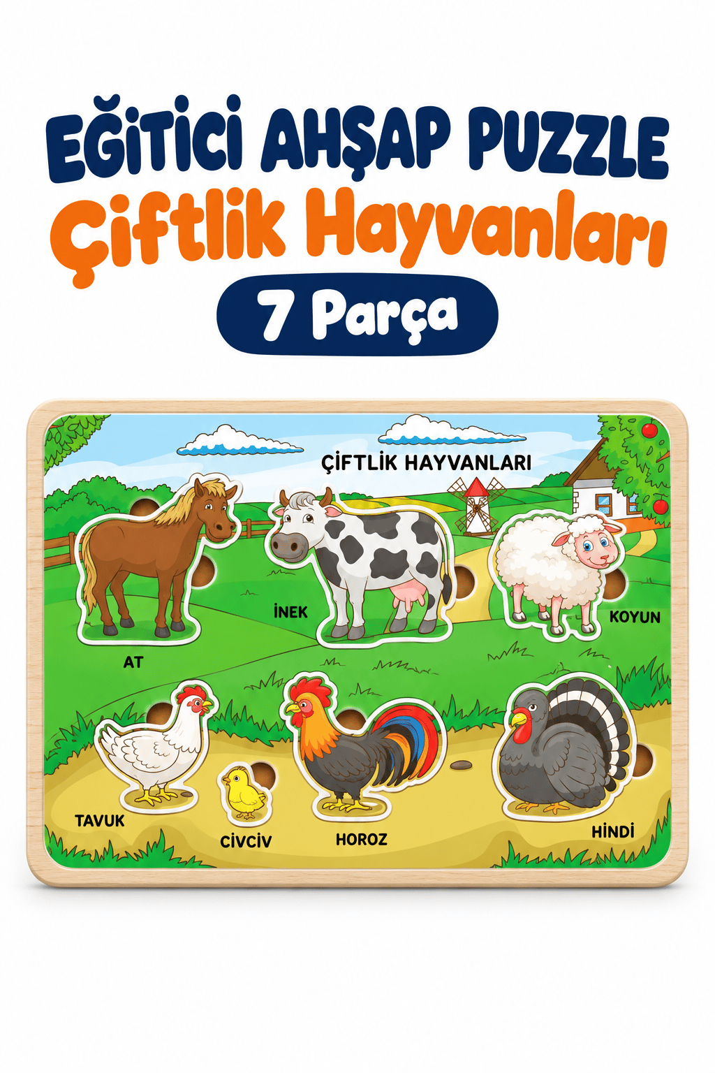 Ahşap Renkli Çiftlik Hayvanları 7’li Eğitici Sök Tak Puzzle Seti – Çocuklar İçin Ahşap Yapboz Oyuncak
