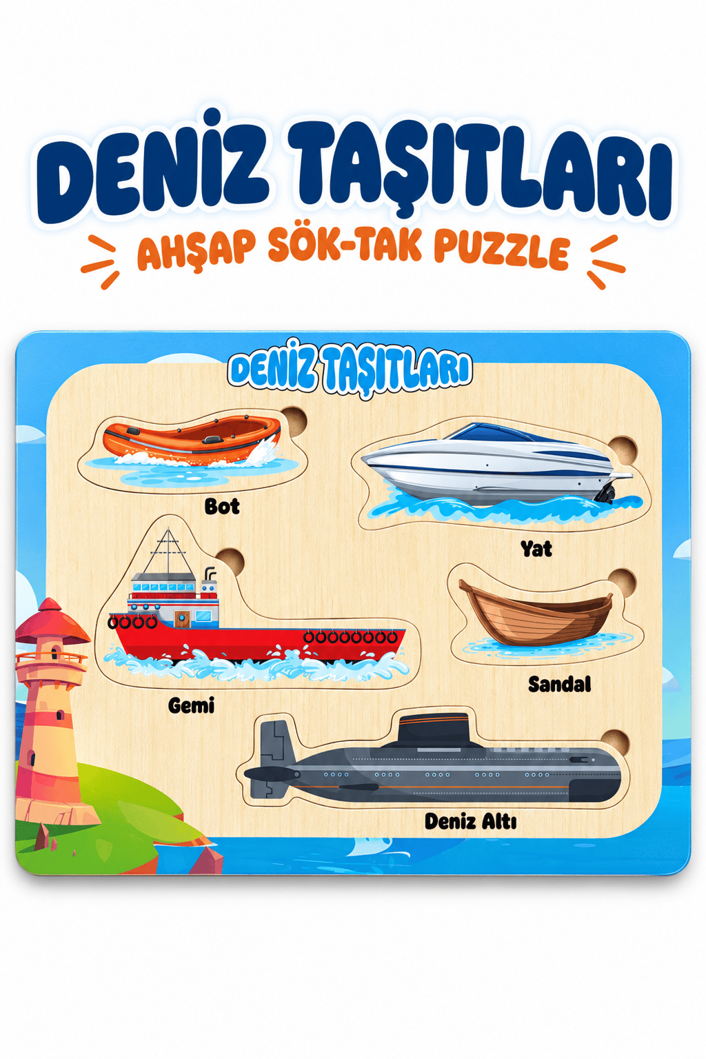 Ahşap Renkli Deniz Taşıtları Eğitici Puzzle – Çocuklar İçin Öğretici Sök Tak Bultak Yapboz Oyuncak