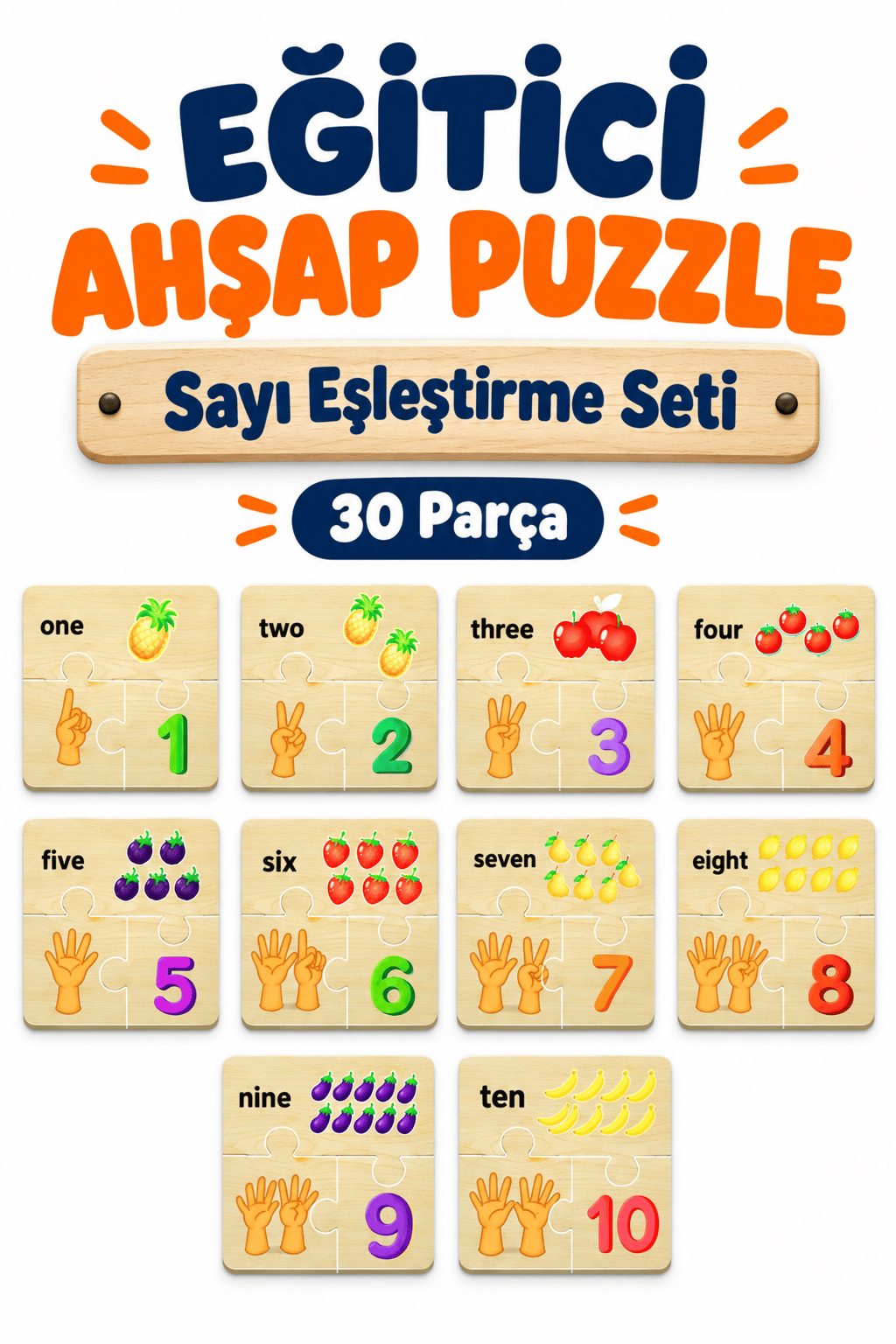 Ahşap Sayılar Eşleştirme Puzzle 3’lü Set – 10 Çift Eğitici Öğretici Sayı Eşleştirme Yapboz Oyuncak