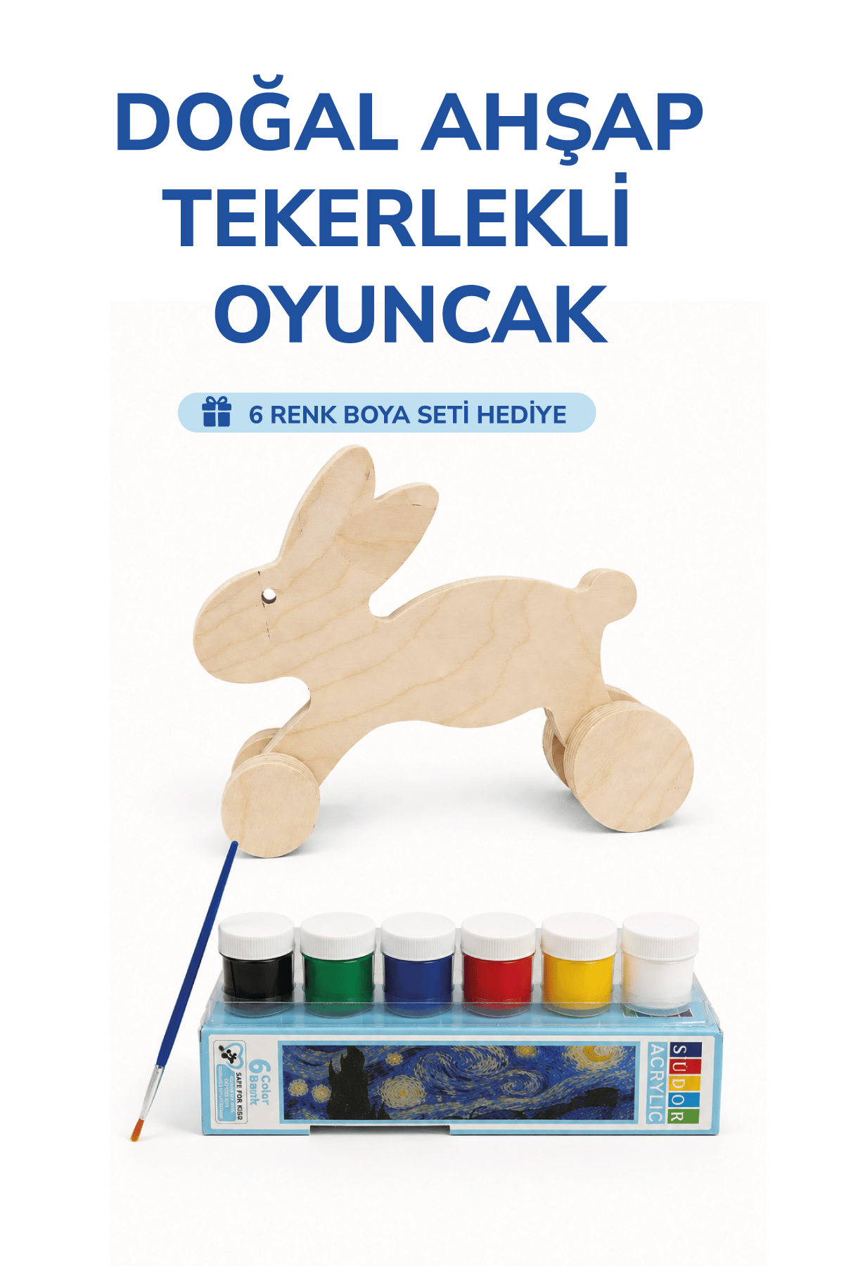 Ahşap Tavşan Oyuncak Doğal El Yapımı Boyanabilir Eğitici Oyuncak+6'lı Boya Seti Hediye