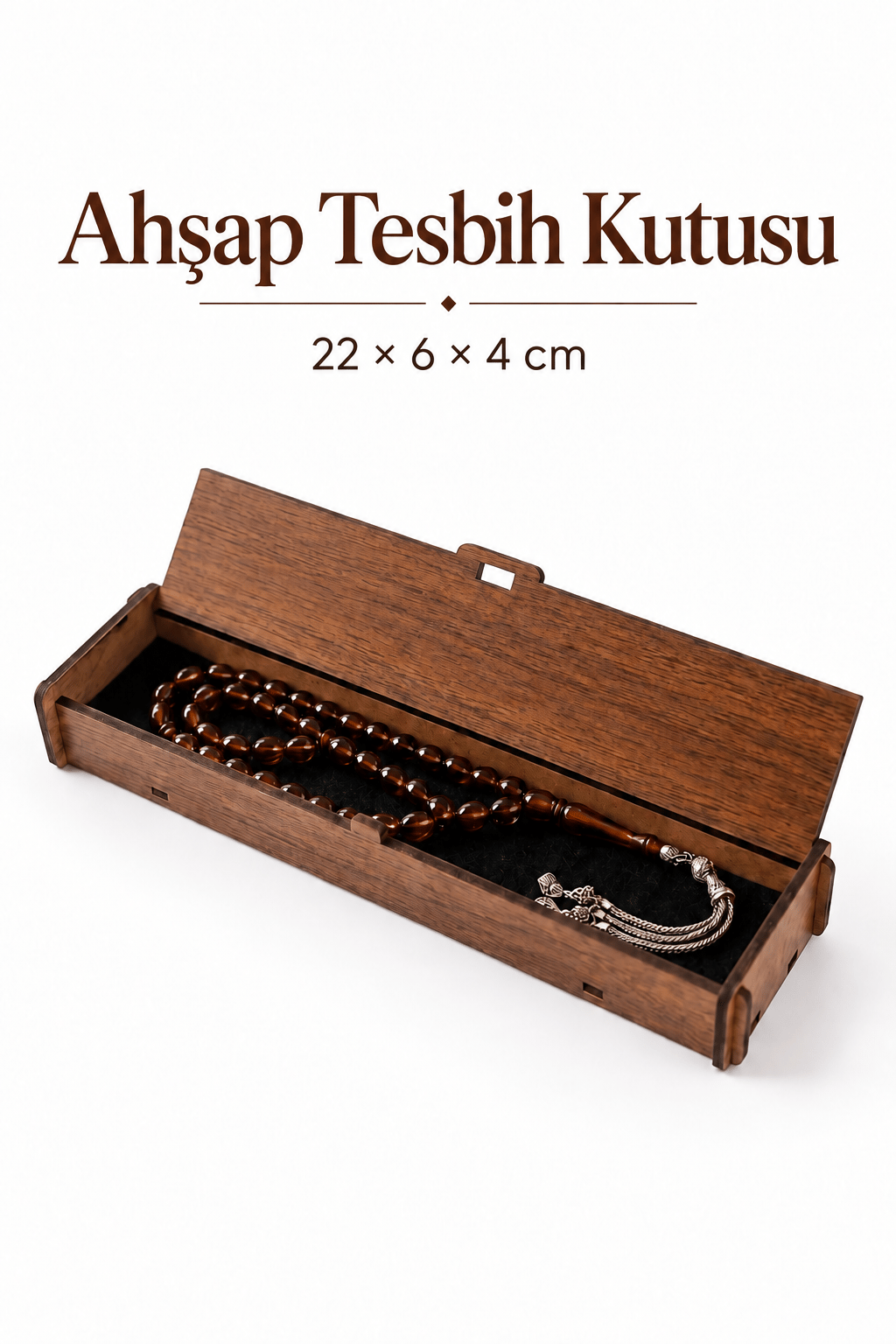 Ahşap Tesbih ve Bileklik Kutusu Ceviz 22x6 cm Keçe İç Yüzeyli Kalem, Bileklik ve Aksesuar Saklama Kutusu