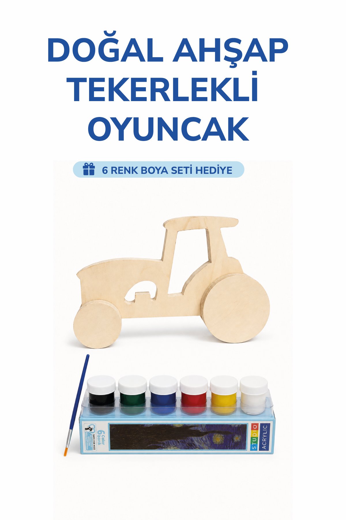 Ahşap Traktör Oyuncak Doğal El Yapımı Boyanabilir Eğitici Oyuncak+6'lı Boya Seti Hediye