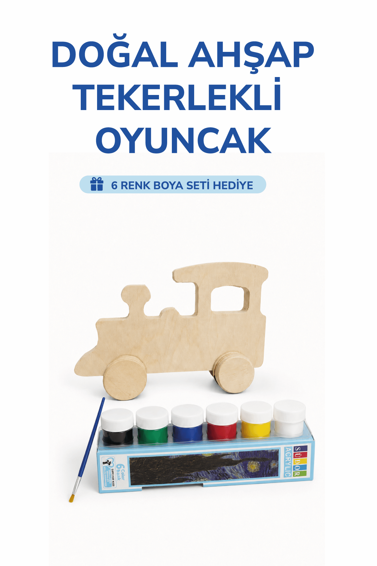 Ahşap Tren Oyuncak Doğal El Yapımı Boyanabilir Eğitici Oyuncak+6'lı Boya Seti Hediye