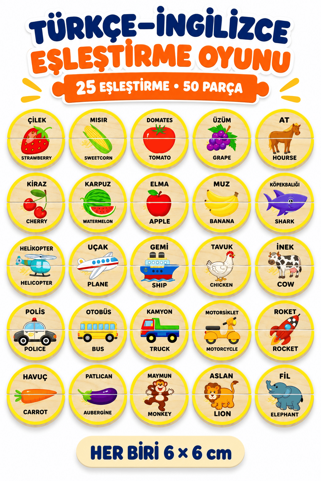 Ahşap Türkçe İngilizce Eşleştirme Oyunu – Hayvanlar, Meyveler ve Taşıtlar 2 Parçalı Eğitici Öğretici Puzzle Seti