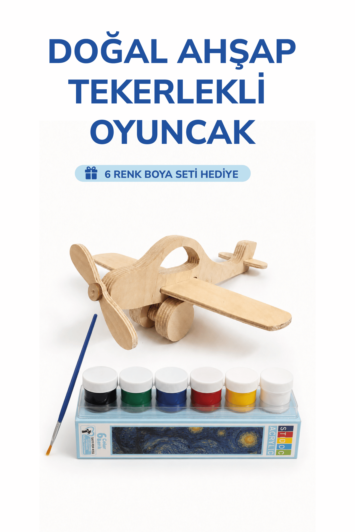Ahşap Uçak Oyuncak Doğal El Yapımı Boyanabilir Eğitici Oyuncak+6'lı Boya Seti Hediye