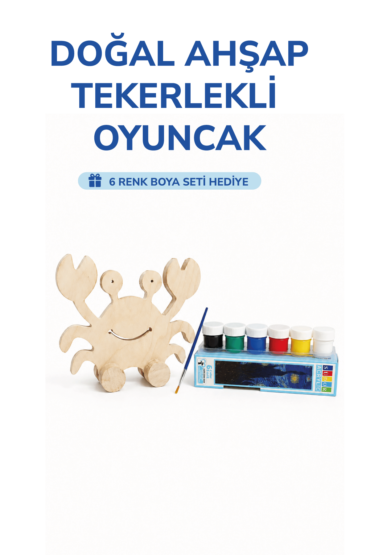 Ahşap Yengeç Oyuncak Doğal El Yapımı Boyanabilir Eğitici Oyuncak+6'lı Boya Seti Hediye