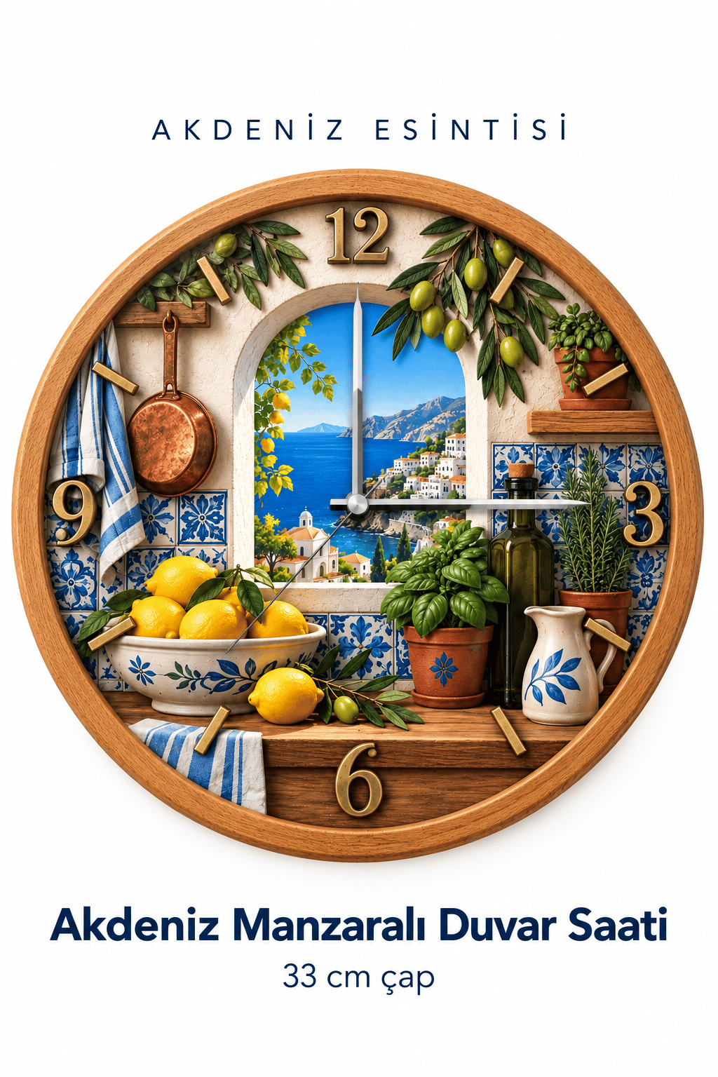 Akdeniz Manzaralı Duvar Saati – 33 cm UV Baskılı, Ahşap Görünümlü Çerçeveli, Limon ve Zeytin Desenli Dekoratif Mutfak ve Salon Saati