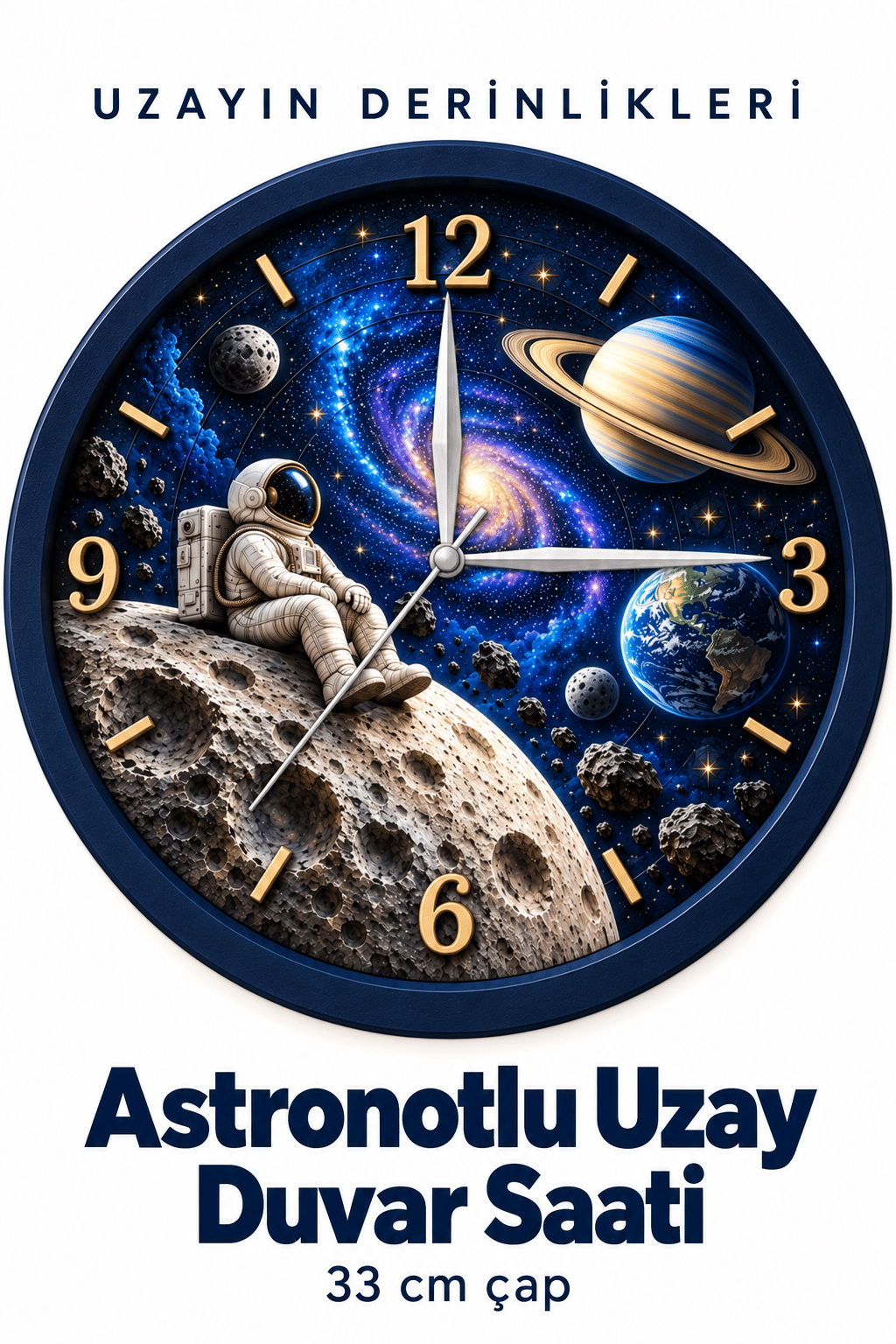Astronotlu Uzay Temalı Dekoratif Duvar Saati – 33 cm UV Baskılı, Lacivert Çerçeveli Çocuk Odası Duvar Saati