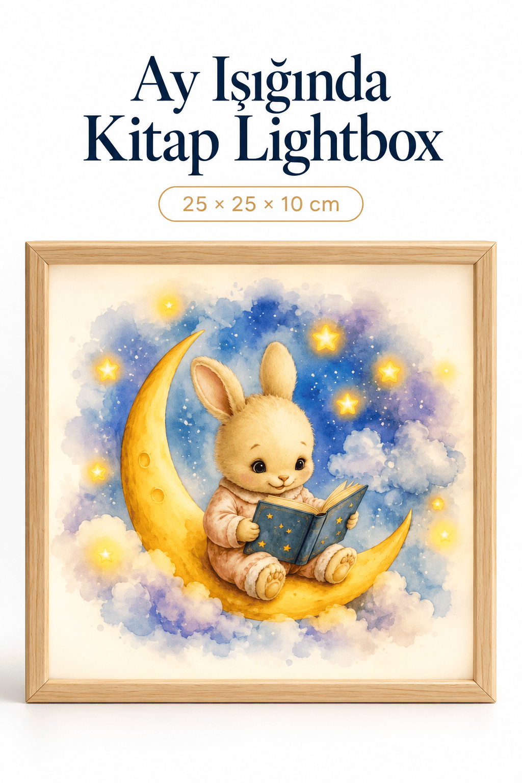 Ay Işığında Kitap Light Box – Çocuk ve Bebek Odası İçin Ahşap LED Işıklı Gece Lambası, Dekoratif Aydınlatma 25x25x10 cm