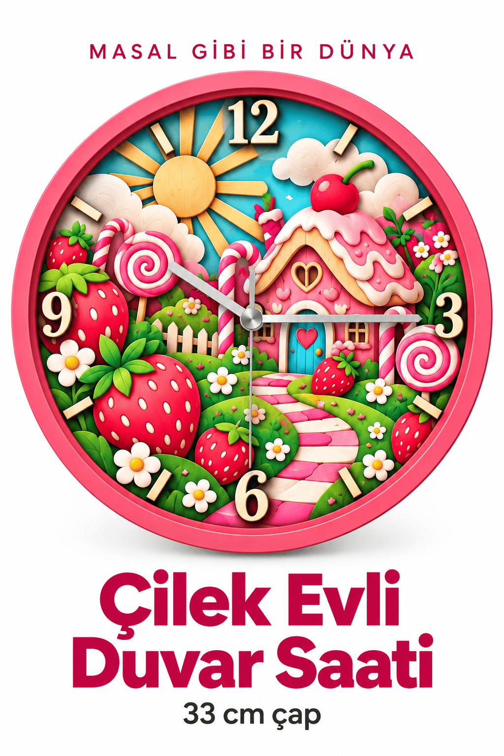 Çilek Evli Dekoratif Duvar Saati – 33 cm UV Baskılı Pembe Çerçeveli, Kız Çocuk ve Bebek Odası İçin Renkli Duvar Saati