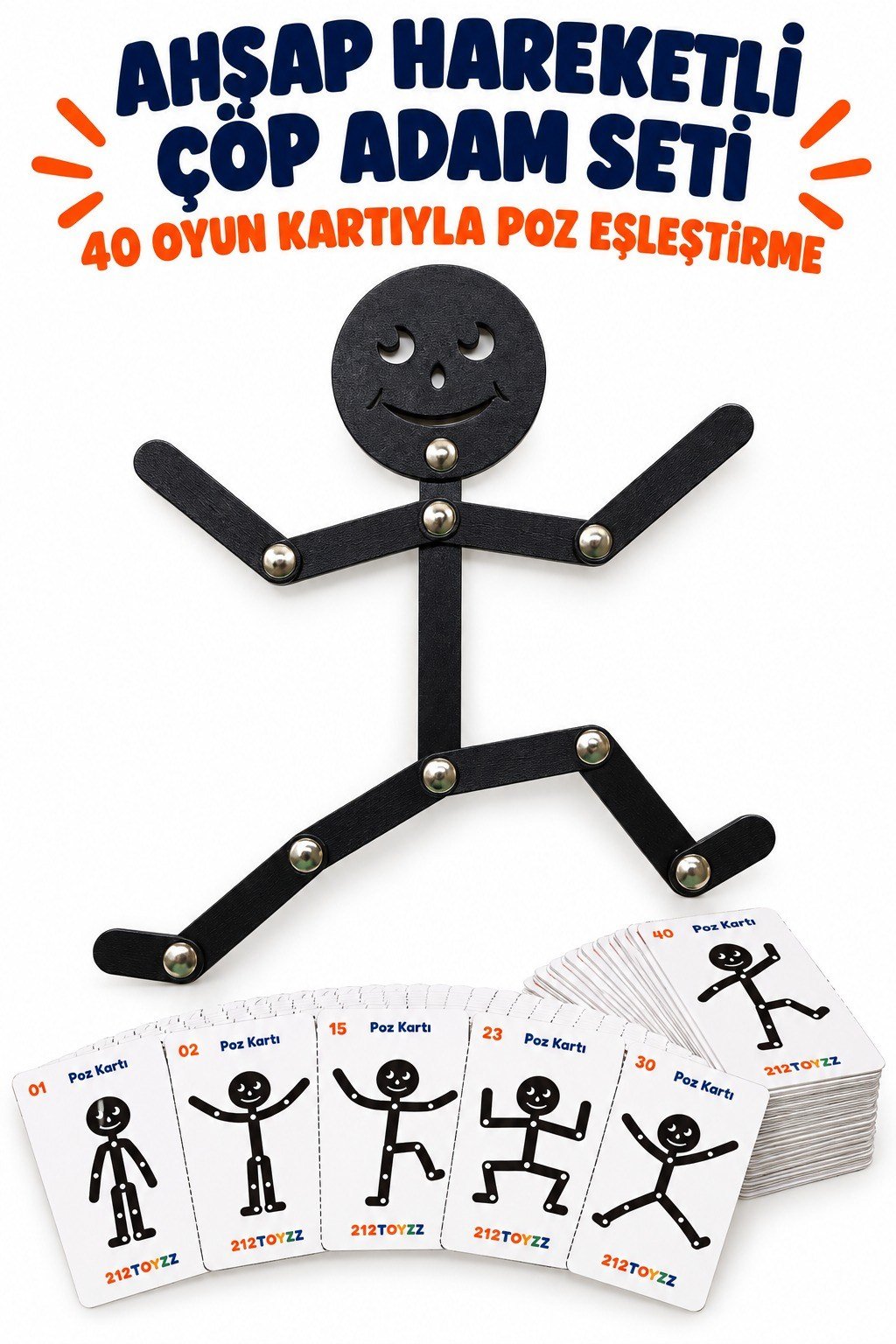Eğitici Ahşap Hareketli Çöp Adam - Görev Kartlı Montessori Oyun Seti