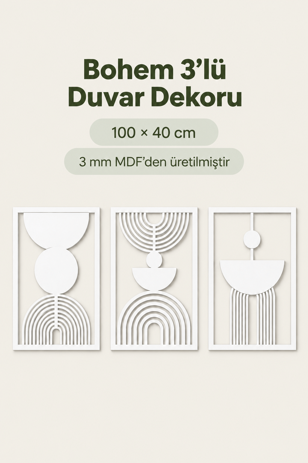 Gümüş Renk Soyut Bohem Dekoratif 3’lü Duvar Tablosu – Modern Ev, Salon ve Ofis Duvar Dekoru