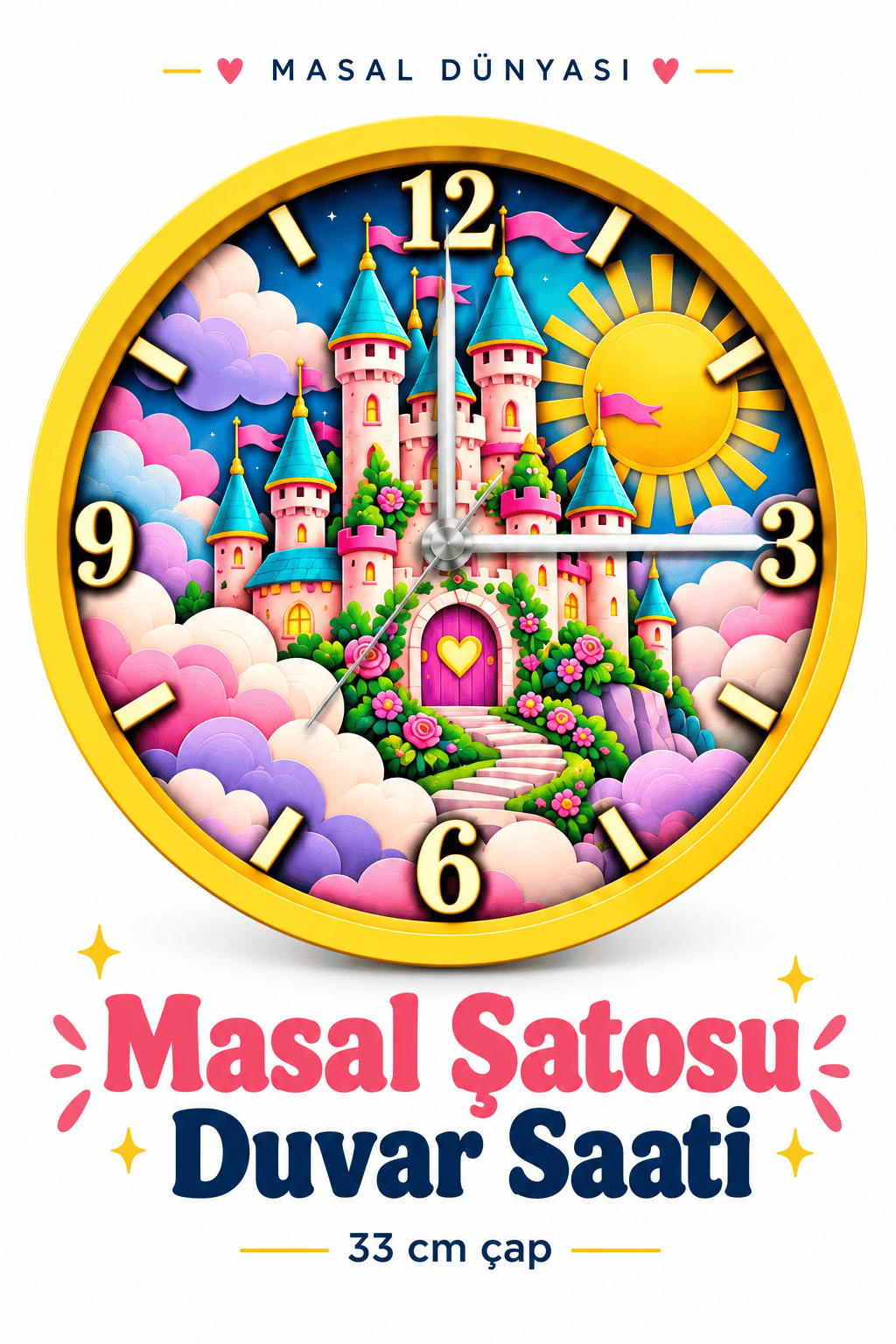 Masal Şatosu Duvar Saati – 33 cm UV Baskılı, Sarı Çerçeveli, Prenses Şatosu Desenli Çocuk ve Kız Çocuk Odası Dekoratif Duvar Saati