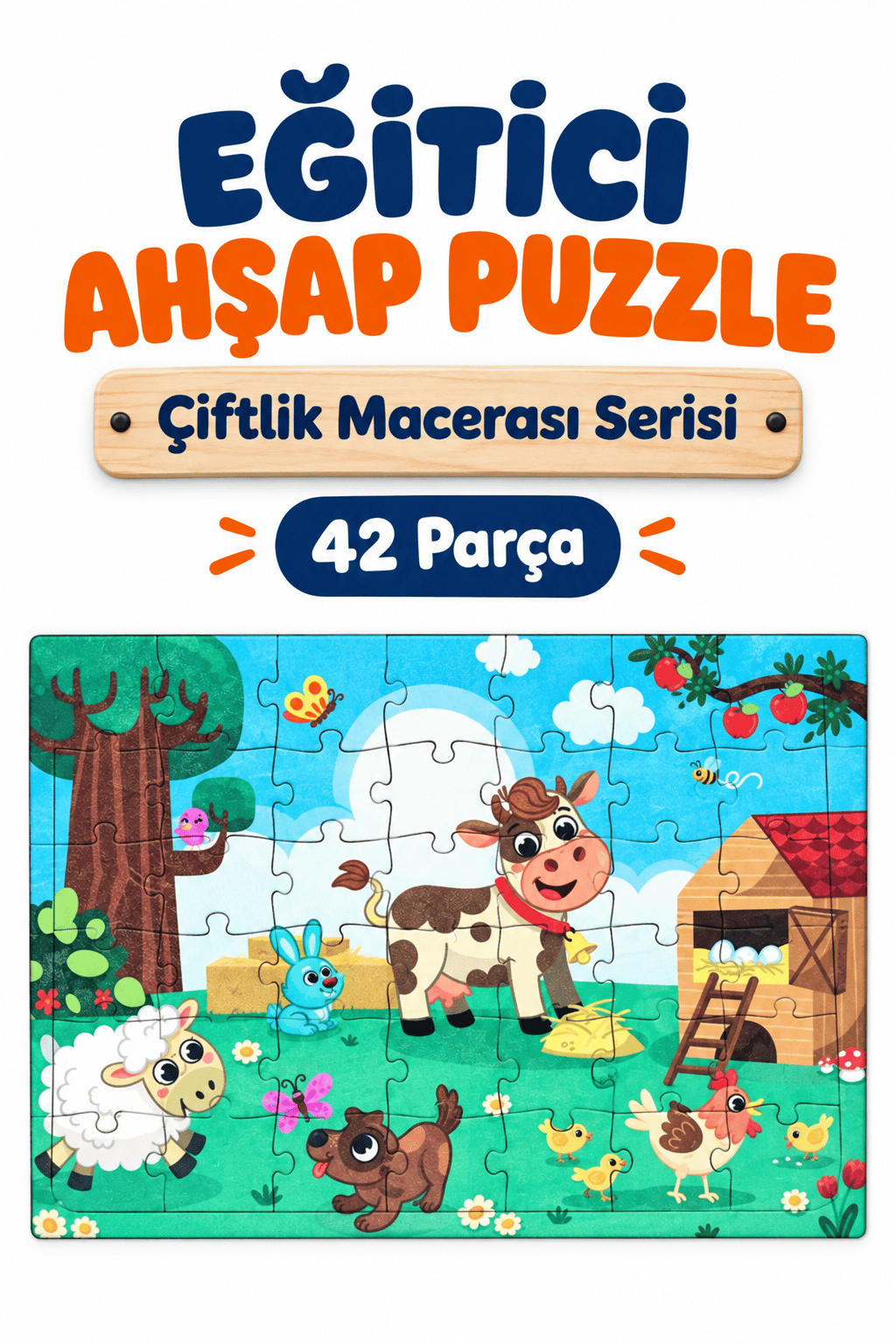 Renkli Ahşap Puzzle 42 Parça – Çocuklar İçin Eğitici Öğretici Ahşap Yapboz Oyuncak