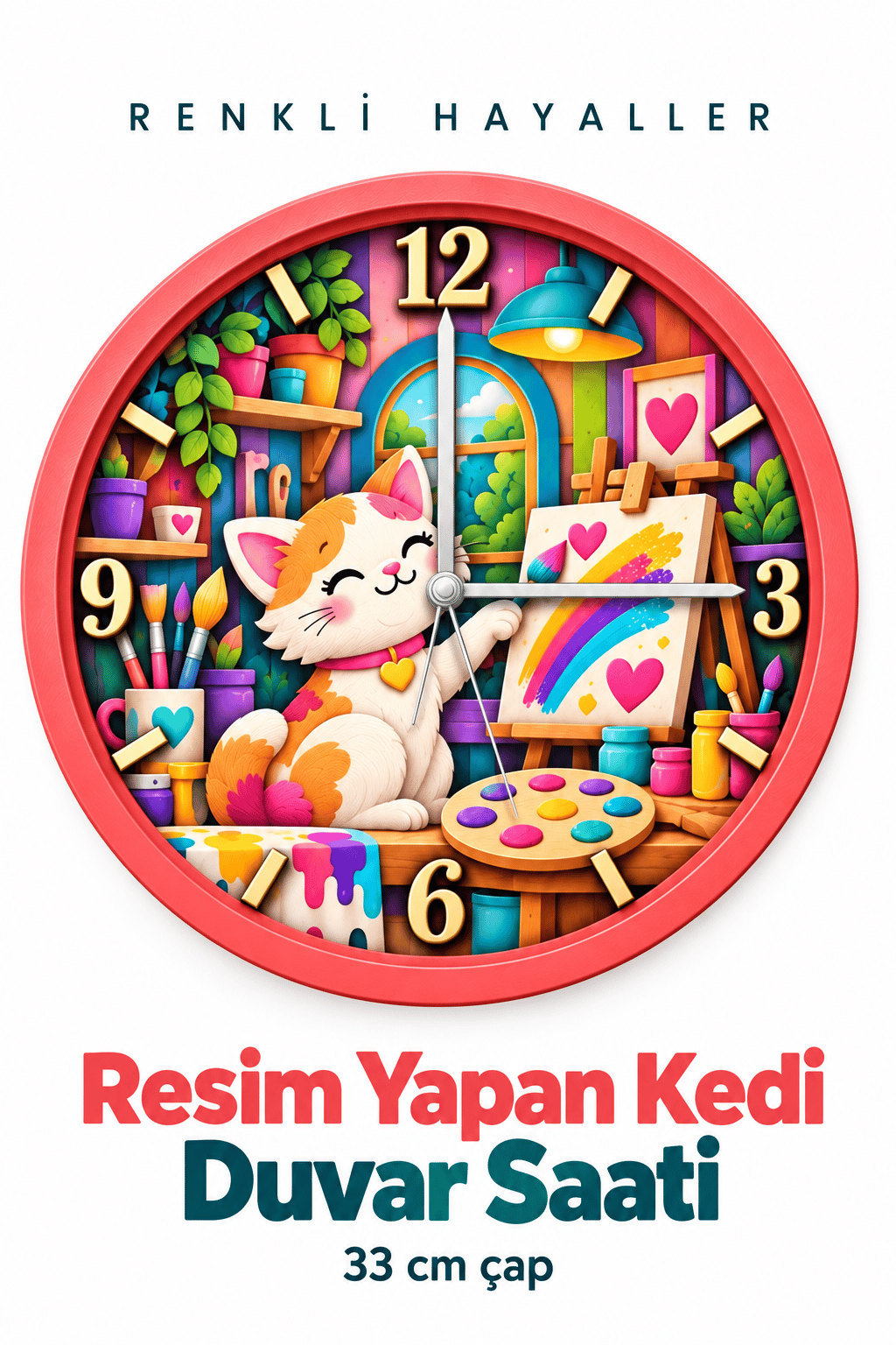 Resim Yapan Kedi Duvar Saati – 33 cm UV Baskılı, Pembe Çerçeveli, Renkli Çocuk ve Kız Çocuk Odası Dekoratif Duvar Saati