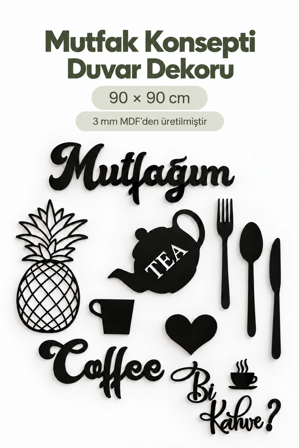 Siyah Ahşap Mutfak Konsepti Duvar Dekoru – Kalp, Mutfağım, Ananas ve Bi Kahve Dekoratif MDF Duvar Süsü Seti 90x90 cm