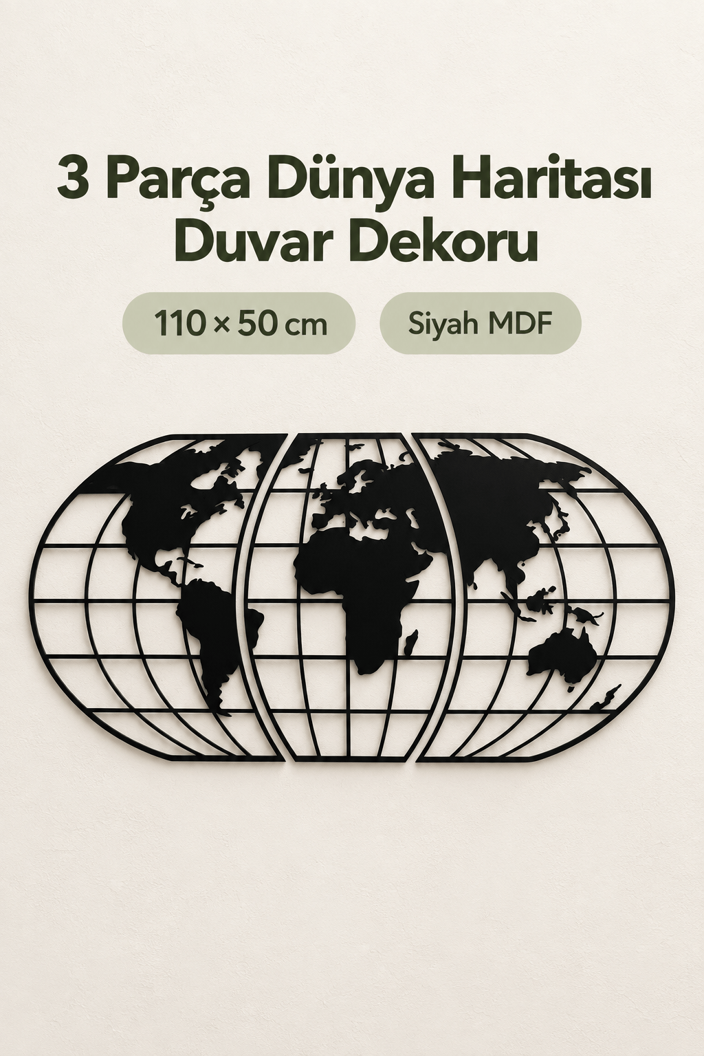 Siyah MDF 3 Parça Ahşap Dünya Haritası Duvar Dekoru 50x110 cm – Lazer Kesim Dekoratif Atlas Tablo, Ev Ofis ve Kafe Süsü