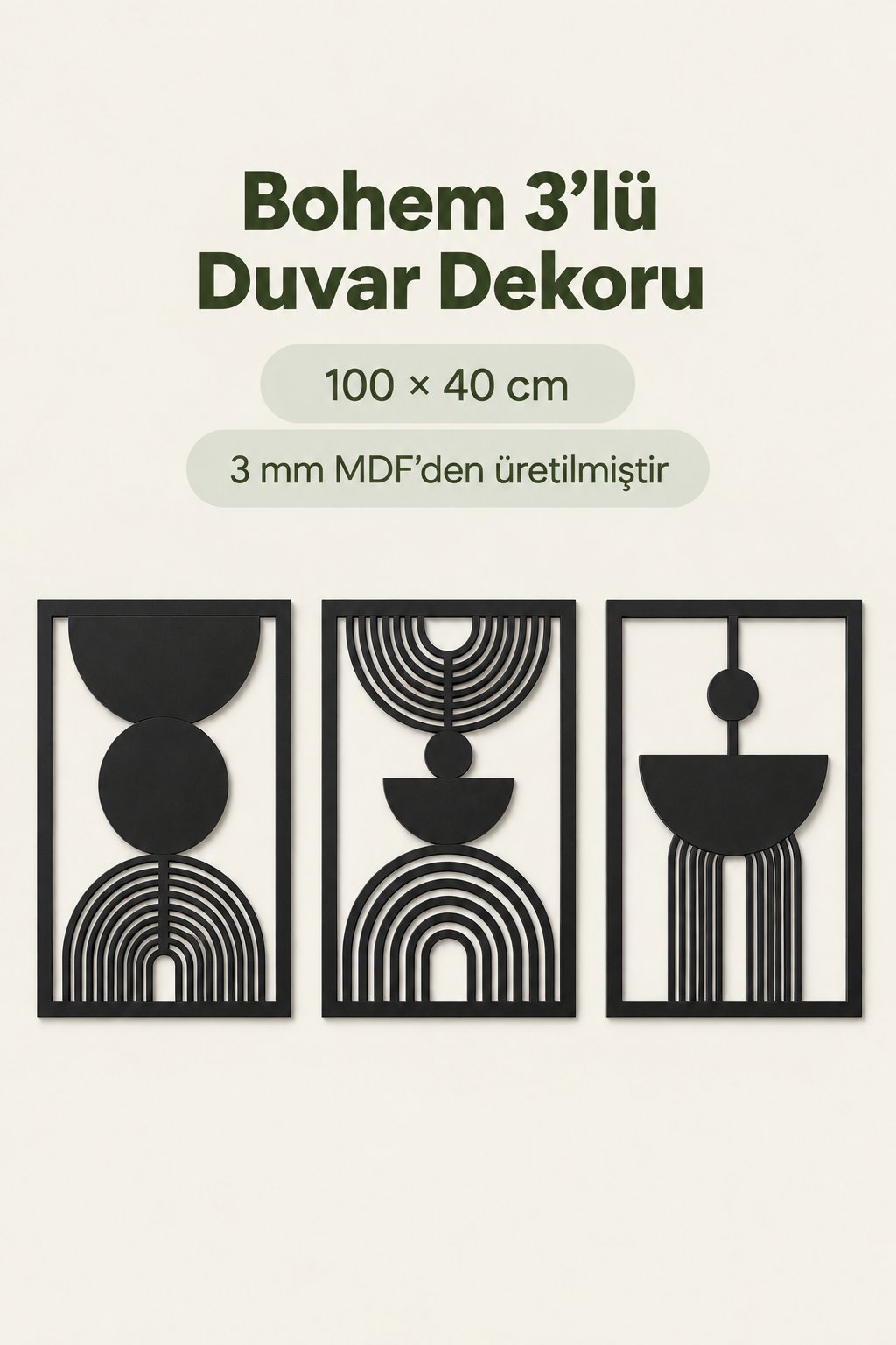 Siyah Renk Soyut Bohem Dekoratif 3’lü Duvar Tablosu – Modern Ev, Salon ve Ofis Duvar Dekoru