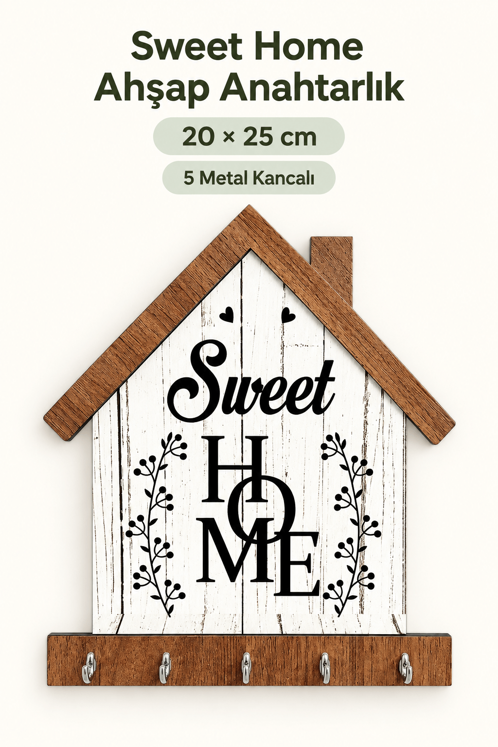Sweet Home Ahşap Duvar Askılığı – Dekoratif Anahtarlık, Çantalık ve Çok Amaçlı Duvar Tipi Askılık