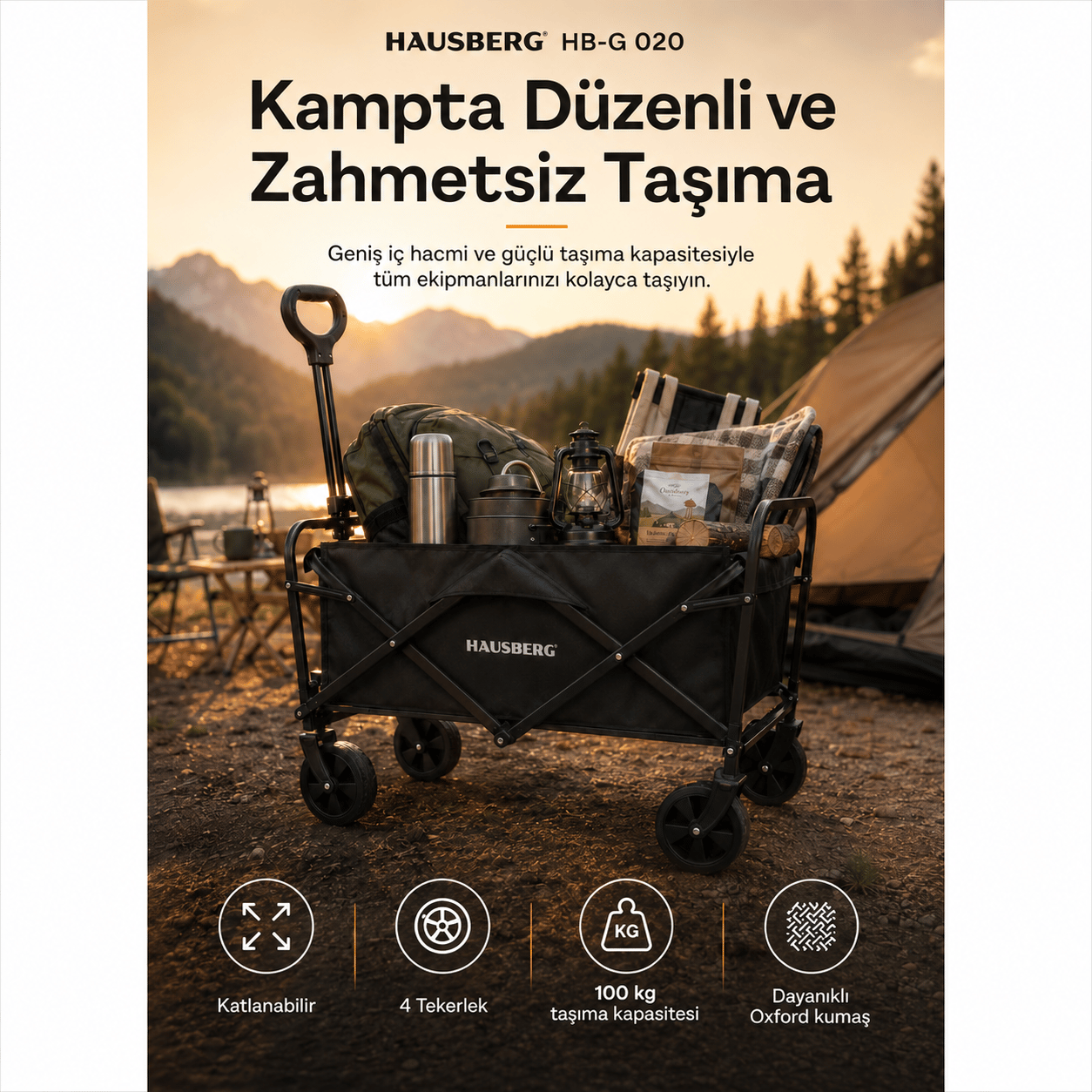 Hausberg Katlanır Kamp Arabası — Frenli, 360° Dönen Kalın Tekerlekli Katlanabilir Vagon, Su Geçirmez Plaj / Pazar / Piknik / Bahçe Taşıma Arabası (Siyah) HB-G 020