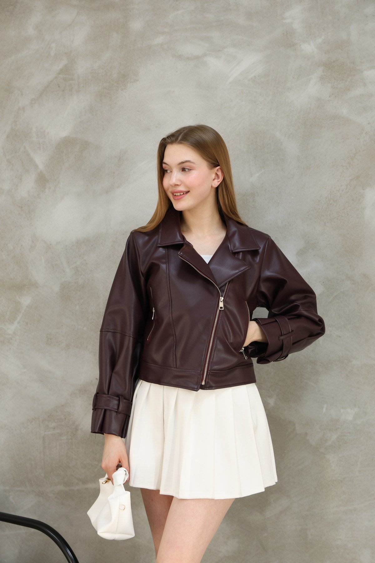 Kadın Oversize Biker Balon Kol Deri Ceket