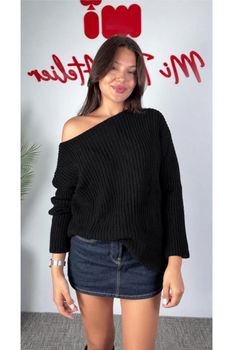 Kadın Kayık Yaka Oversize Dökümlü Basic Kazak MTA036 - Siyah
