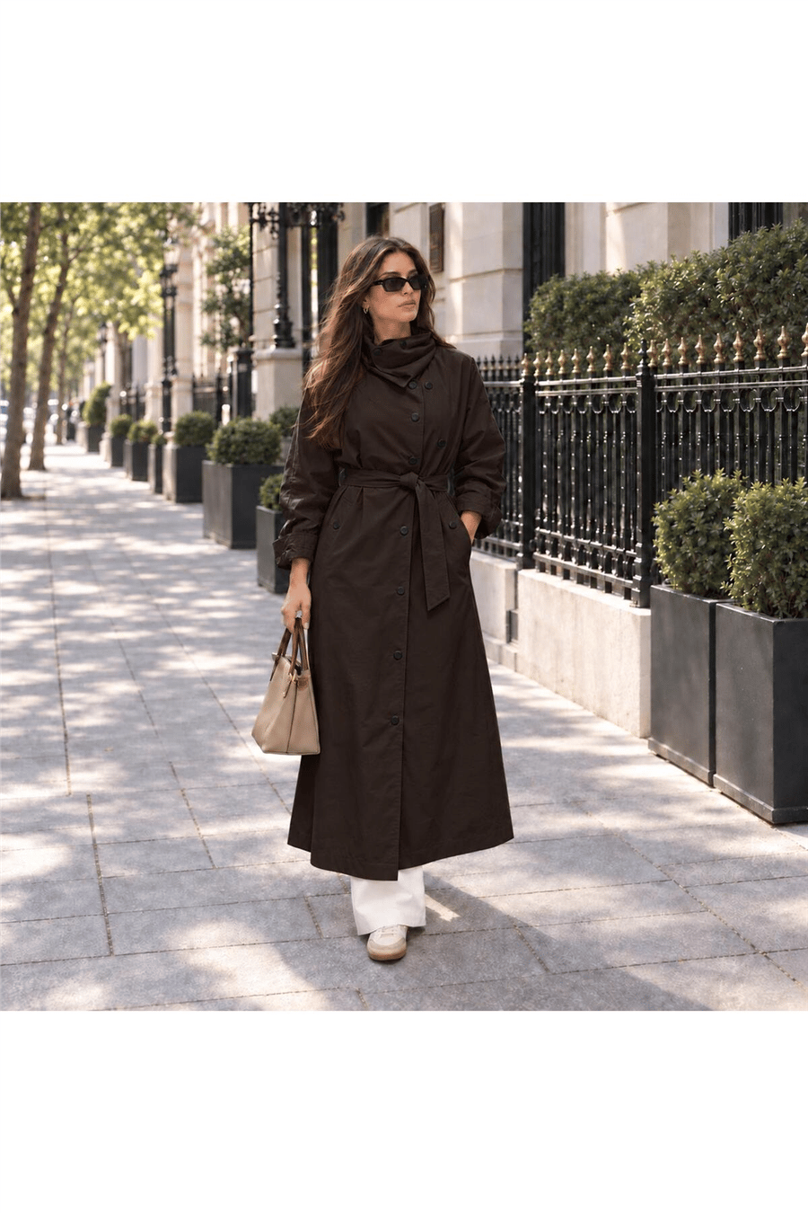 Kadın Oversize Yüksek Yaka Çıtçıtlı Kemerli Uzun Trençkot MTA2062 - Kahverengi
