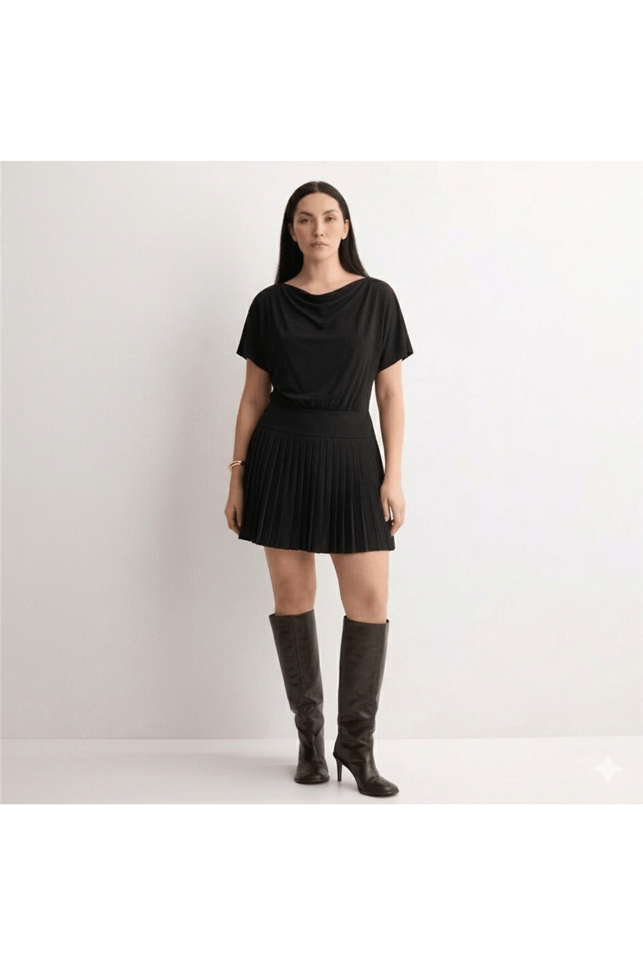 piliseli mini elbise - Siyah