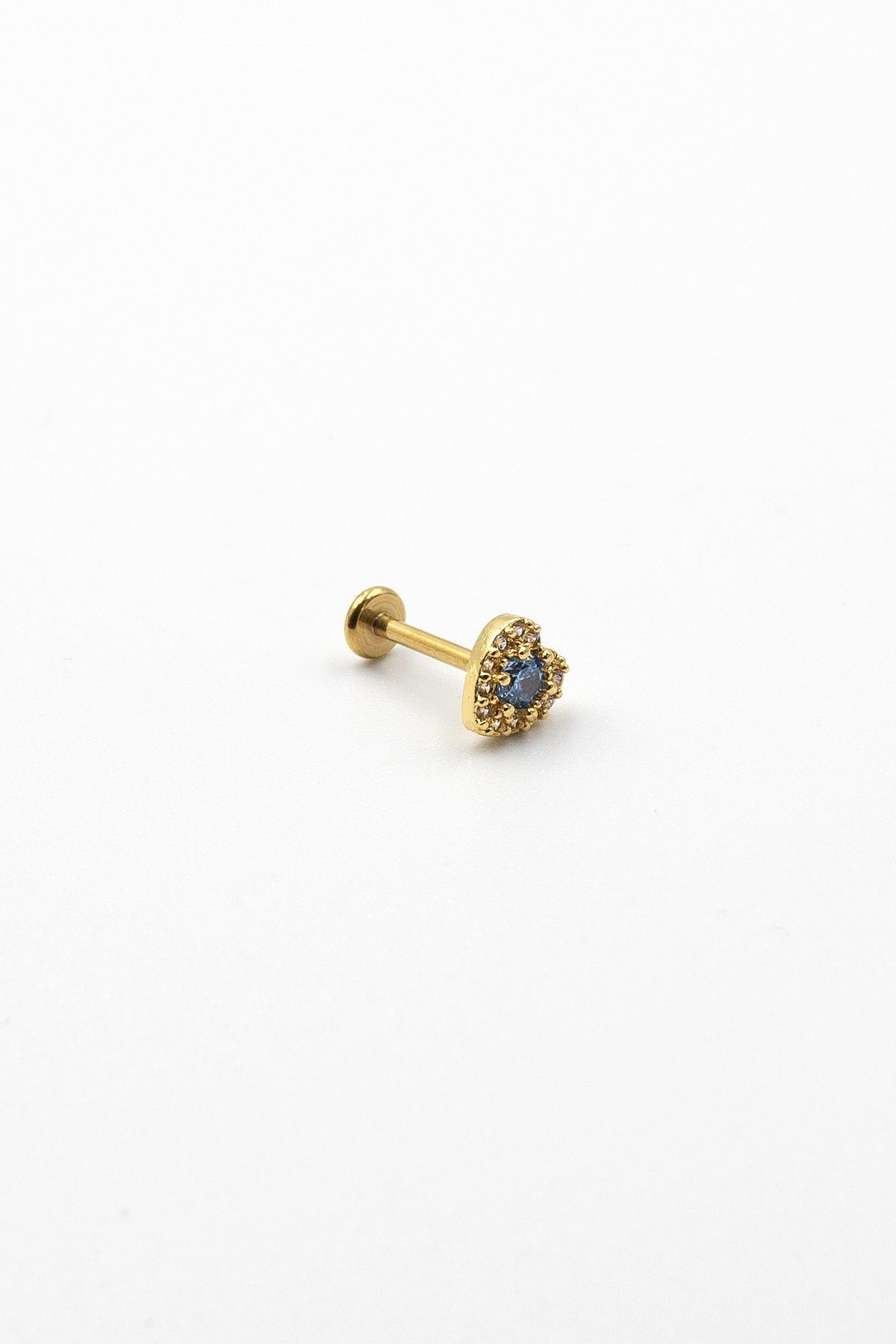 Gold Mavi Taşlı Kalp Tragus Piercing – Şık ve Dayanıklı Anti Alerjik Piercing