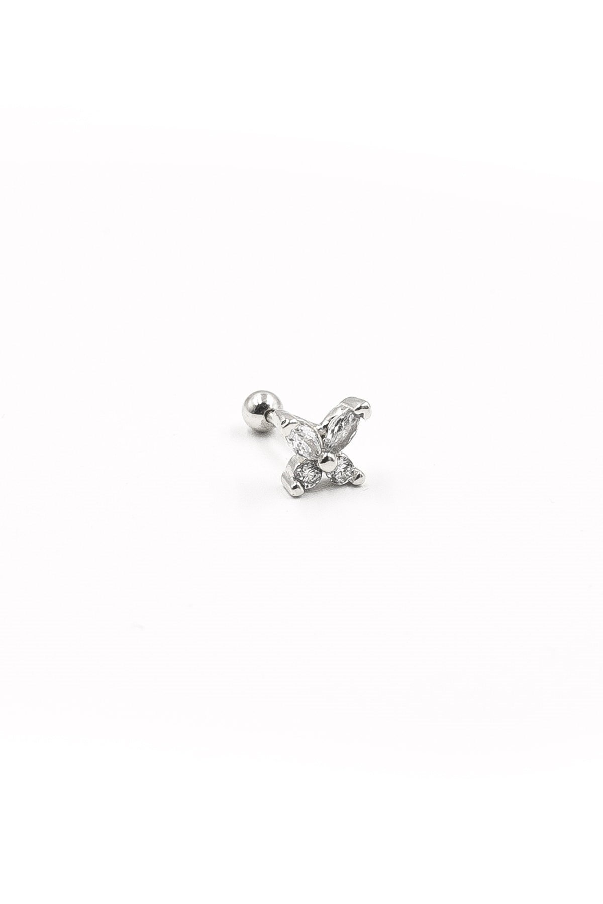 Işıltılı Kelebek Desenli Zirkon Tragus Piercing – Gümüş | Anti Alerjik, Rengi Solmaz