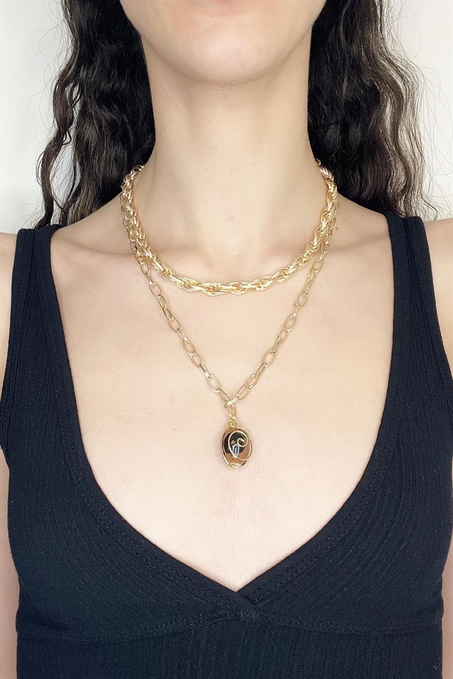 Kahve Rengi Taşlı İkili Gold Kolye