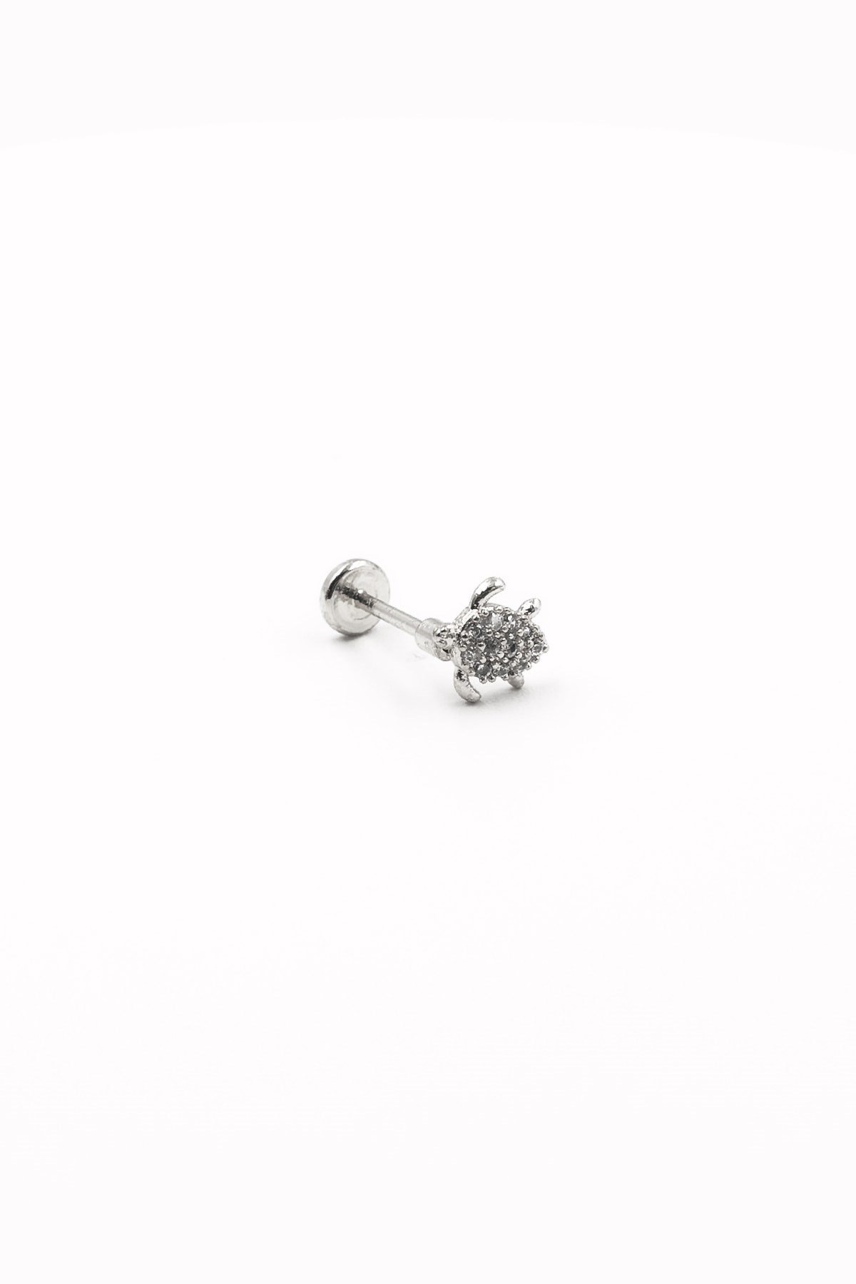 Kaplumbağa Figürlü Zirkon Taşlı Tragus Piercing – Gümüş | Hipoalerjenik, Uzun Ömürlü