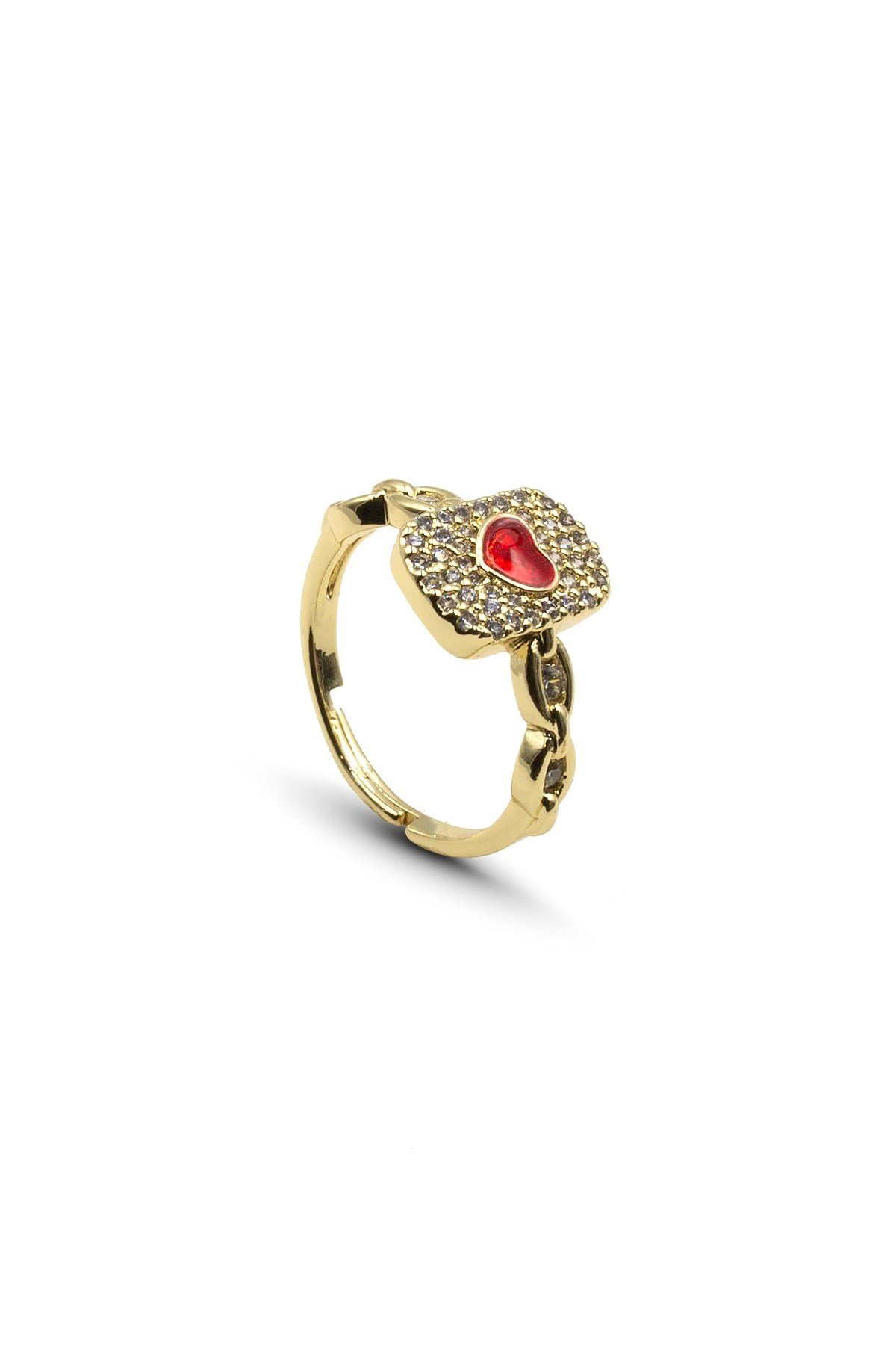 Kırmızı Kalpli Zirkon Taşlı Ayarlanabilir Yüzük Gold Kararmaz Anti Alerjik