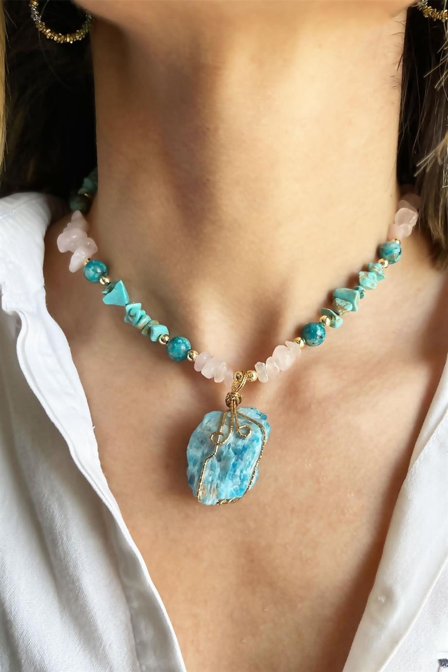 Larimar ve Ceyd Güneş Doğal Taşlı Kırık Taşlı Kolye