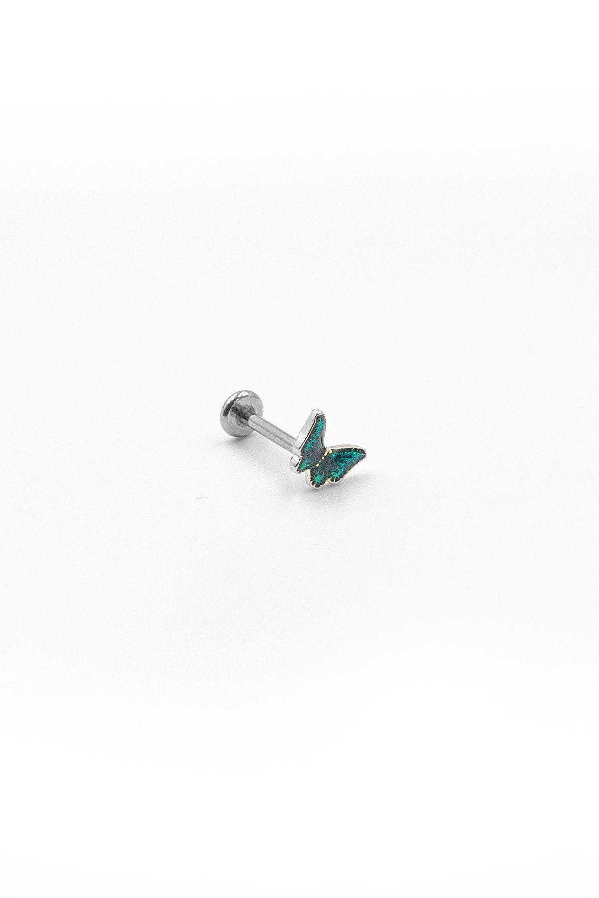 Mavi Kanatlı Kelebek Tragus Piercing – Zirkon Taşlı, Gümüş, Anti Alerjik