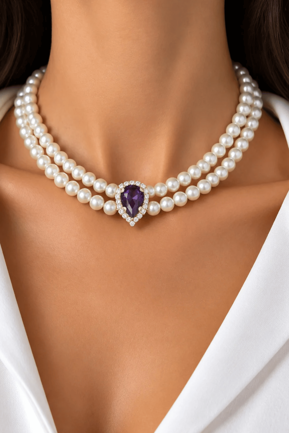 Purple Crystal Tip Pearl Choker Necklace