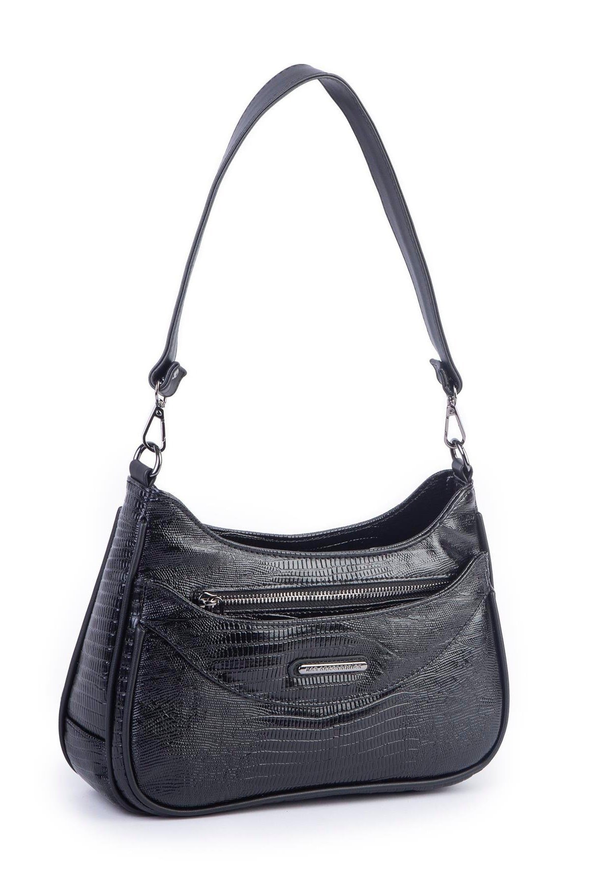 Nas Bag Kadın Omuz ve Çapraz Baget Çanta - Siyah Lazer (28x17 cm)