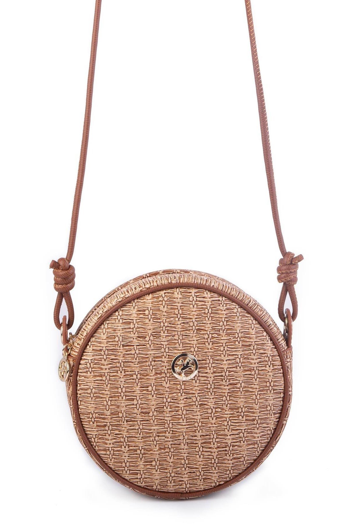 Nas Bag Kadın Yuvarlak Oval Yazlık Moda Hasır Görünümlü Deri Çanta - Vizon