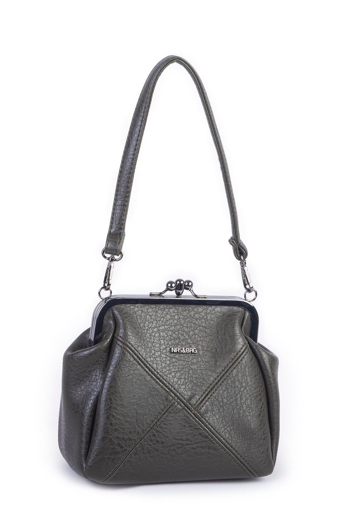 Nas Bag Mini Vintage Burslu Klipsli Kadın Omuz ve Çapraz Çanta Haki Victoria ( 20x17 cm)