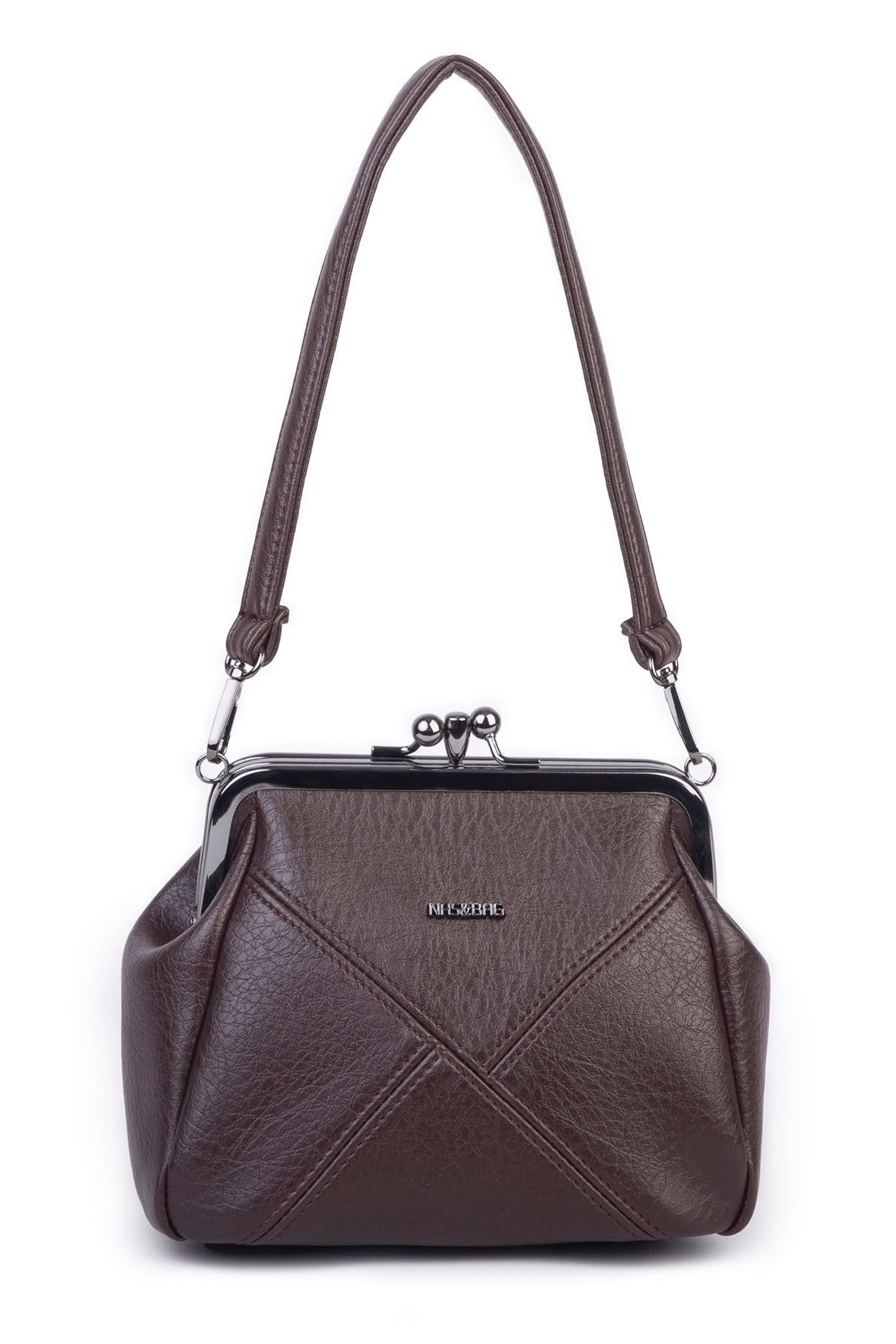 Nas Bag Mini Vintage Burslu Klipsli Kadın Omuz ve Çapraz Çanta Kahve Victoria ( 20x17 cm)