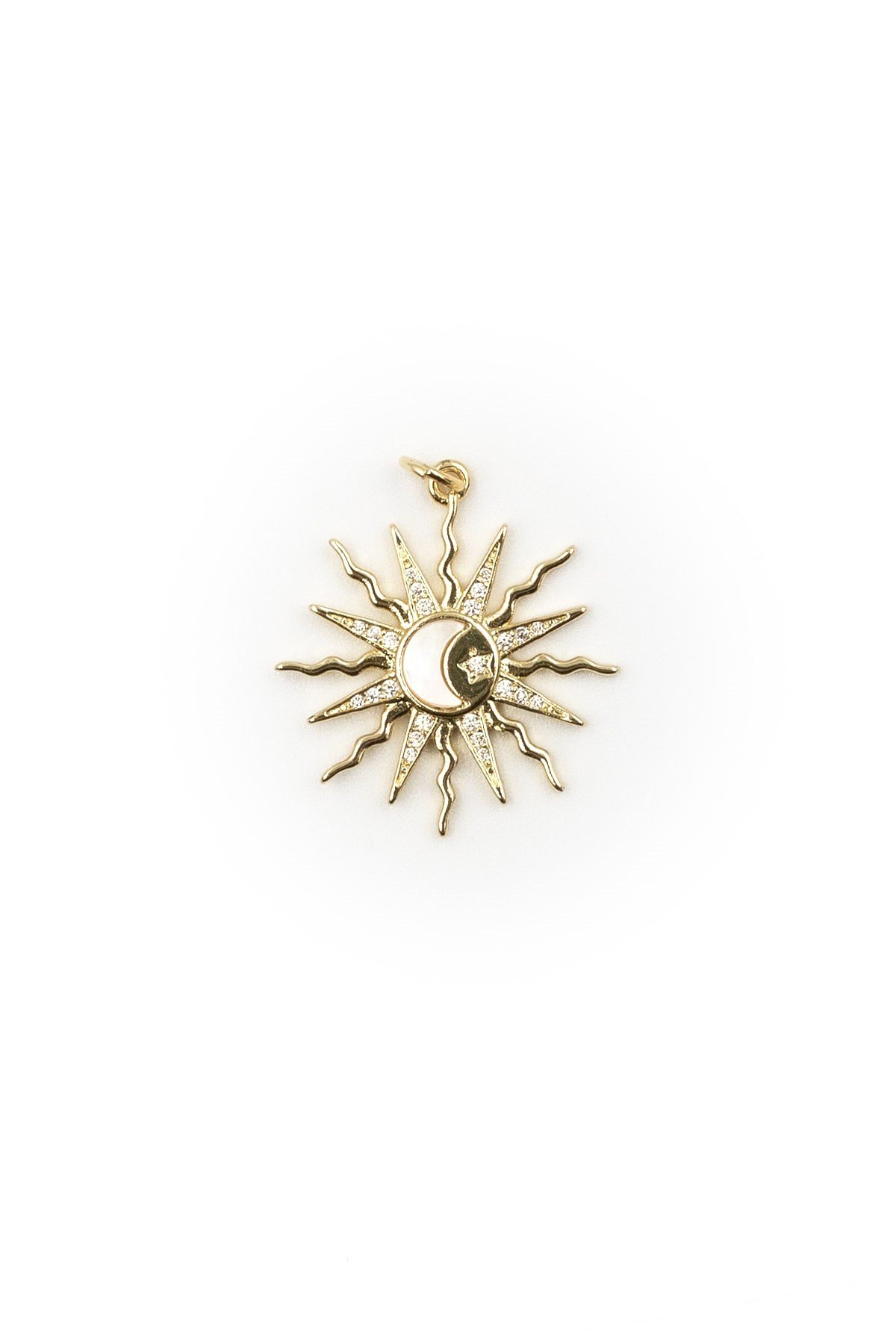 Taşlı Güneş Model Kolye Ucu Gold – 14K Renk, Zirkon Mıhlama, 2.5 cm