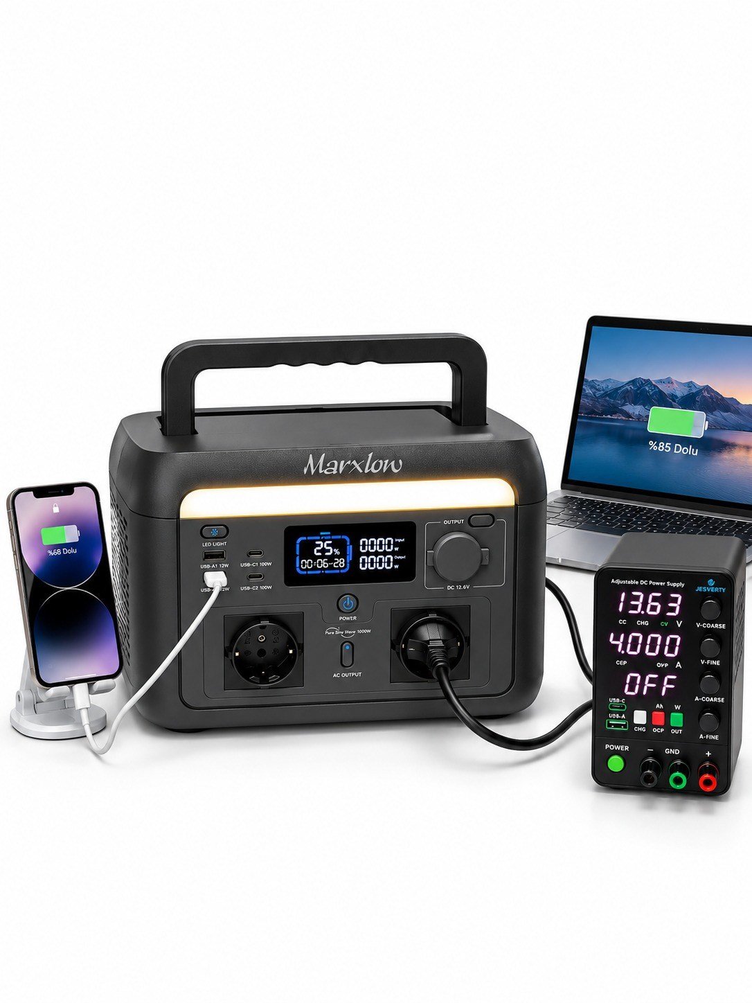Marxlow 1000W Pro 768Wh LiFePO4 Taşınabilir Güç İstasyonu – EPS (Acil Güç Besleme) - Wi-Fi, 2000W Tepe (Max.) Güç, 100W USB-C, Saf Sinüs AC