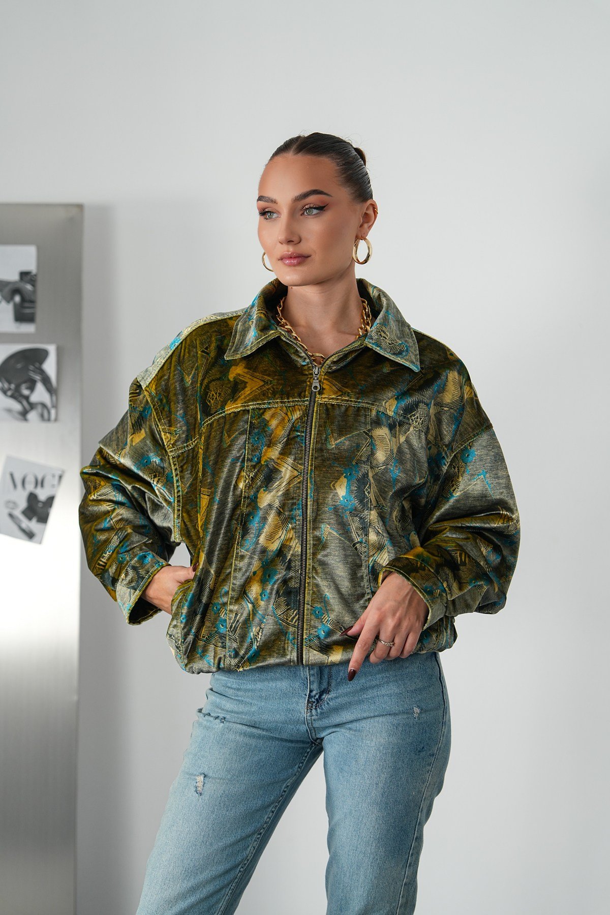 Vintage Desenli Bomber  Ceket