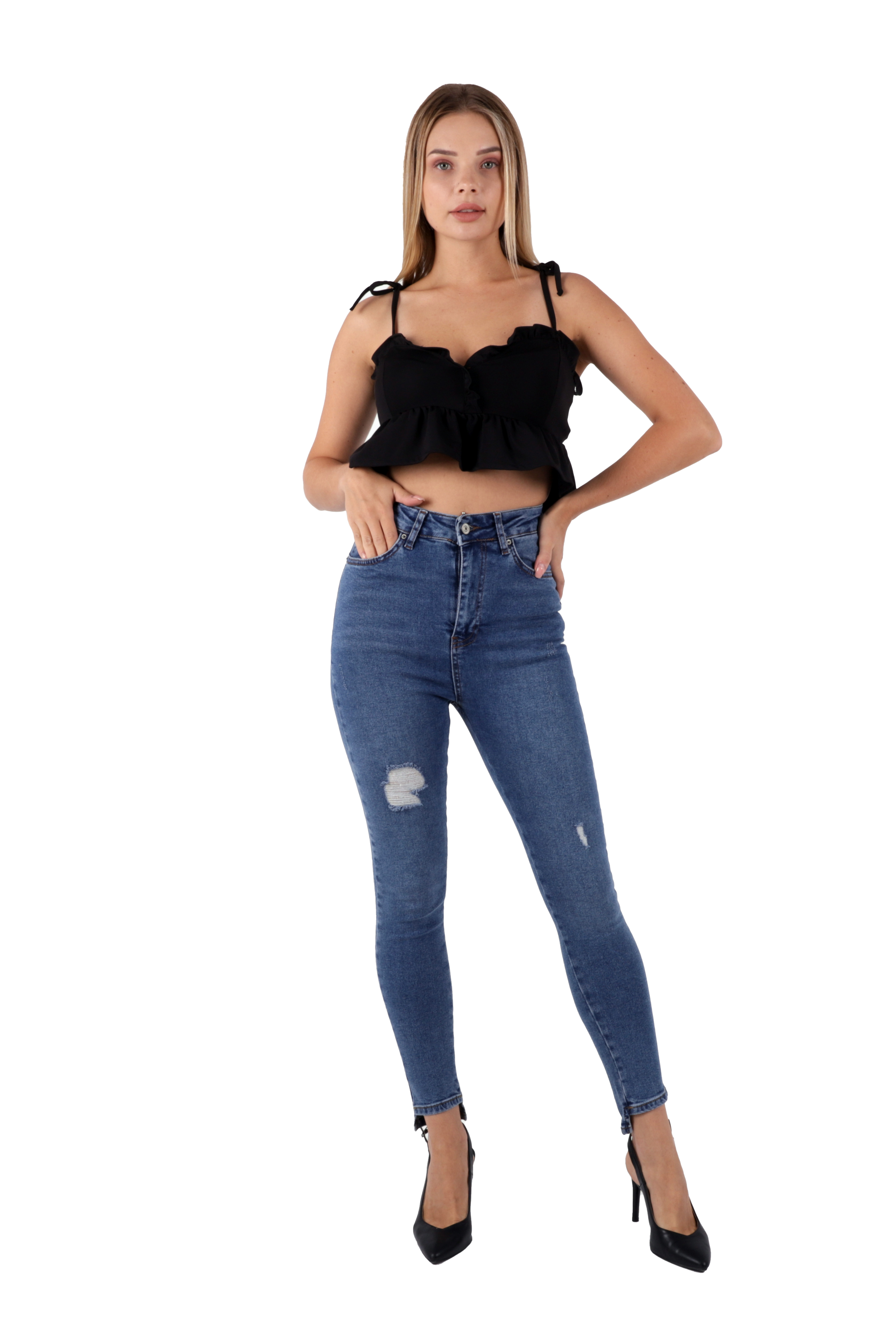 Mavi Renk Dar Paça Eskitme Detaylı Yüksek Bel Jeans - Mavi