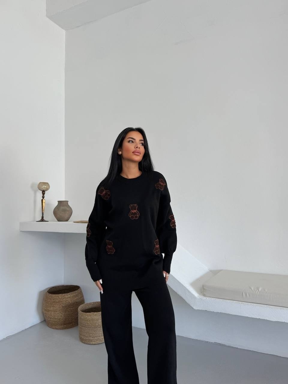 Siyah Ayıcık Desenli Oversize Triko Takım - Siyah