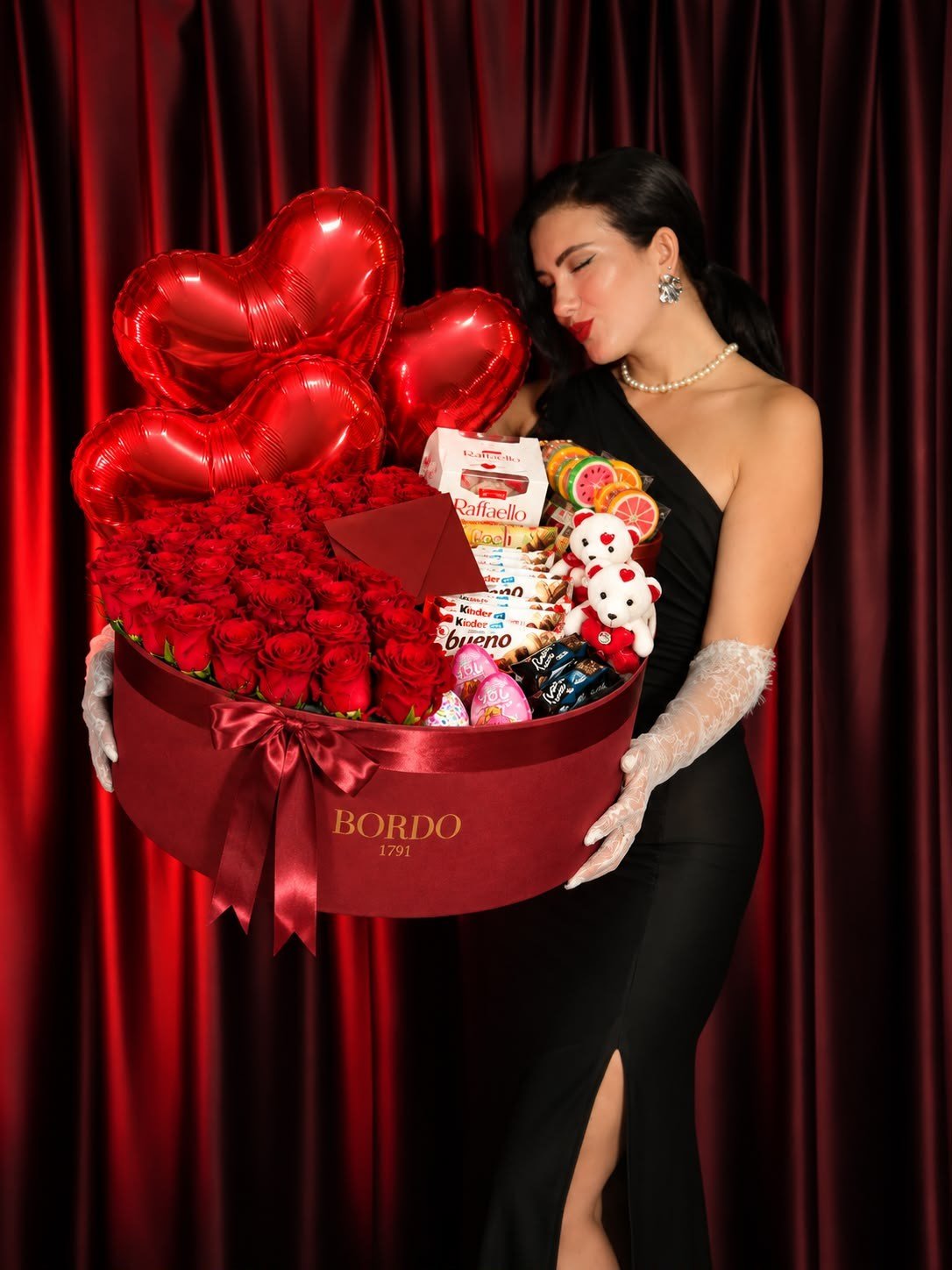 3 Balonlu Love Box - BORDO 1791 | İstanbul Gül ve Çikolata Kutusu
