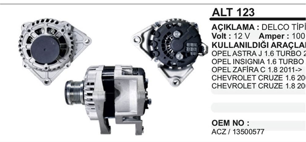 Alternatör 12V 100A Delco J-Insignia – Opel Astra