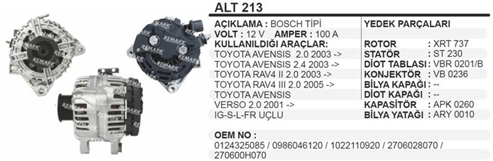 Alternatör 12V 100A RAV4 2003+ – Toyota Avensis