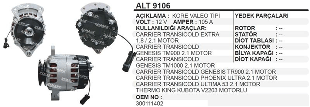 Alternatör 12V 105A Transcold – Kubota V22